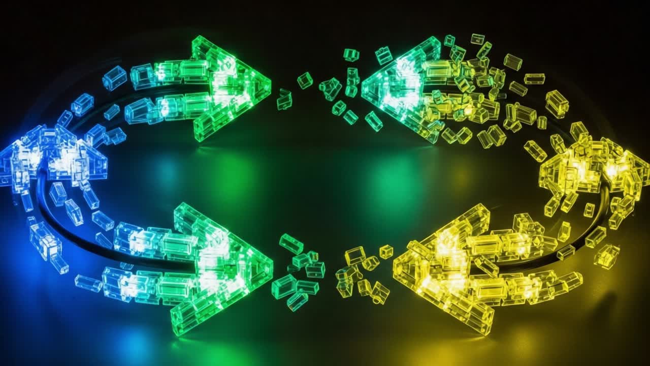 Flèches LED dynamiques convergeant et divergeant dans un affichage vif de motifs lumineux colorés représentant le mouvement et la directionnalité