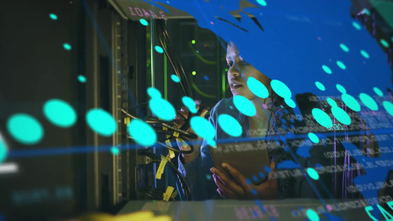 Animation of financial data processing over african american businesswoman in server room