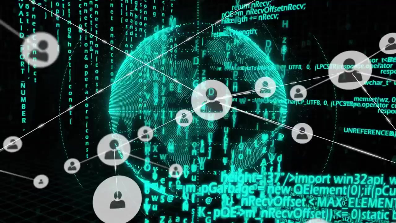 Globe sending pulses, rotating as user icons arcing and linking, code streaming, showing growth