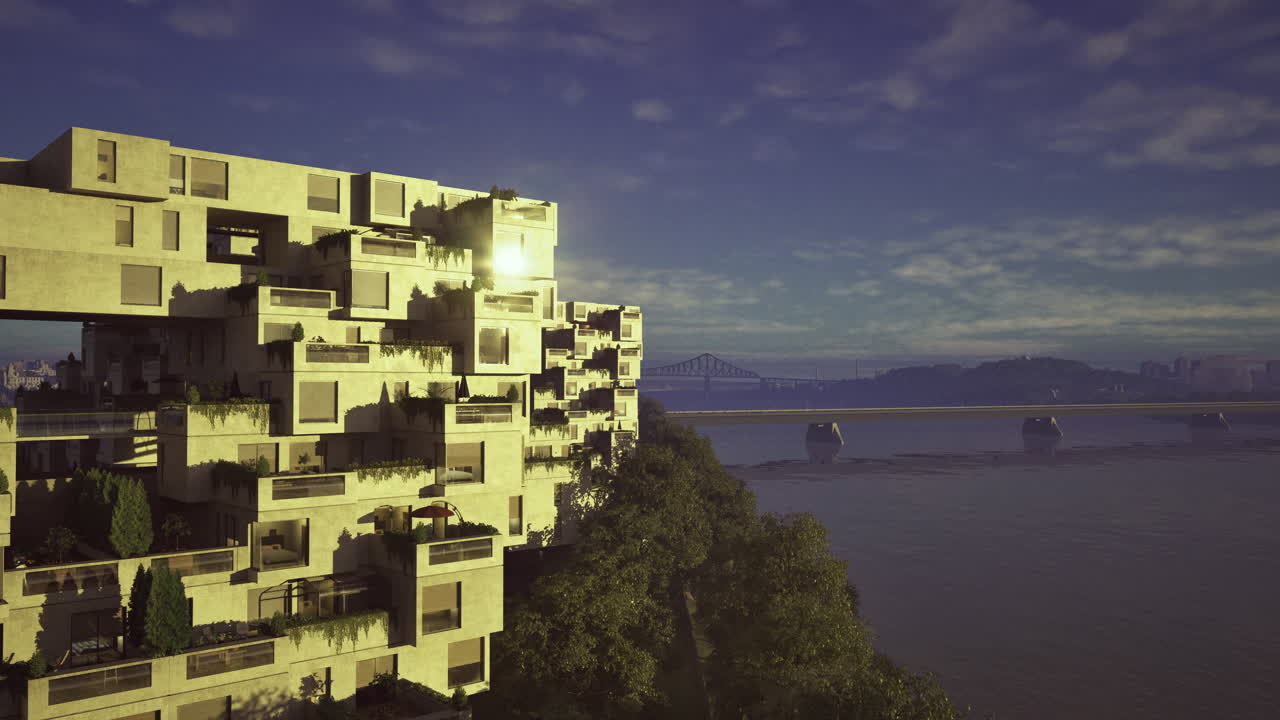 Modern architecture along the riverside with green spaces and city view