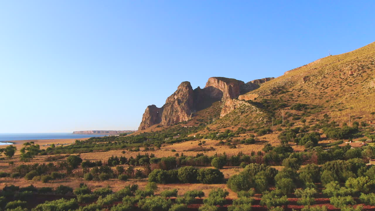 plantación de olivos cerca del mar y grandes rocas en la colina