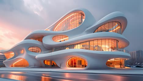 futuristic organic building with illuminated interior at dusk