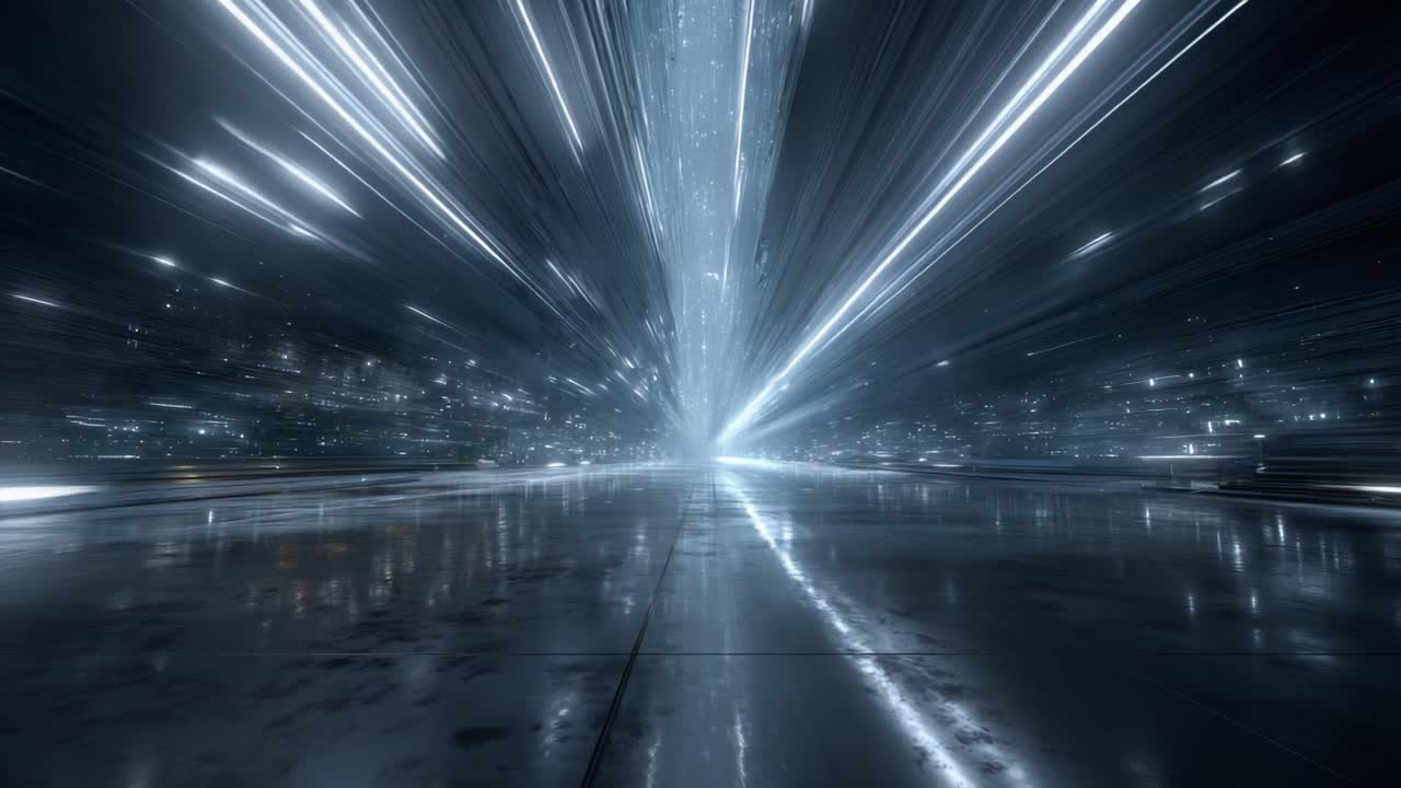 Un affascinante viaggio visivo attraverso un tunnel digitale ad alta velocità, che mostra luci brillanti e movimento. Prova la sensazione di movimento rapido ed elementi di design futuristici.