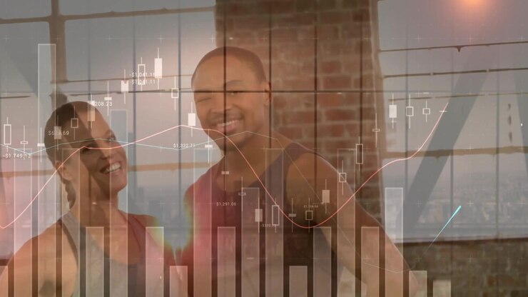 Fitness partners reacting to pulsing animated graphs and turning to camera for celebrating progress