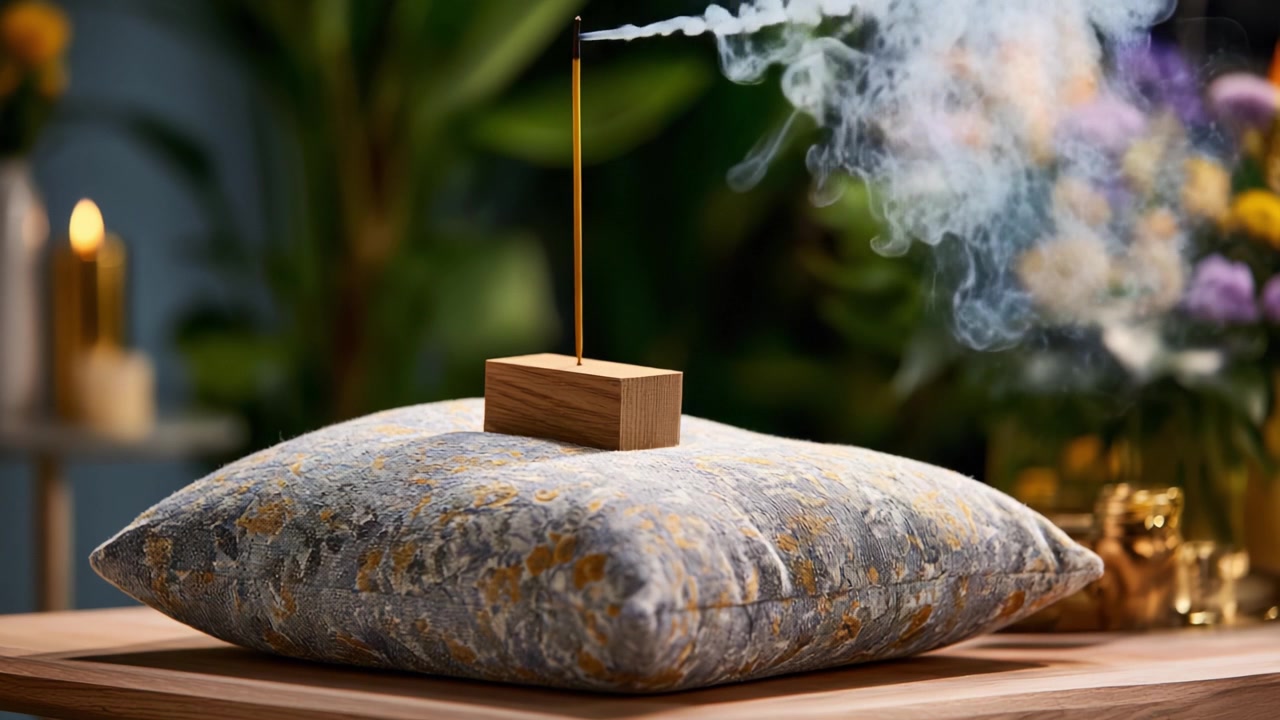 Un Momento Sereno con Incenso su un Cuscino Decorativo, Che Emette Volute di Fumo Aromatico in un Ambiente Floreale Pacifico e Colorato
