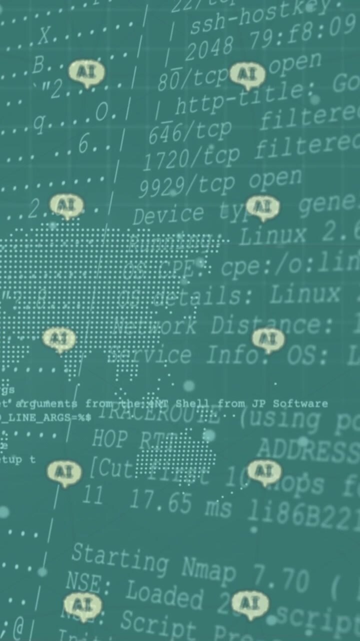 Animazione di elaborazione dati AI su connessioni con icone AI e un globo