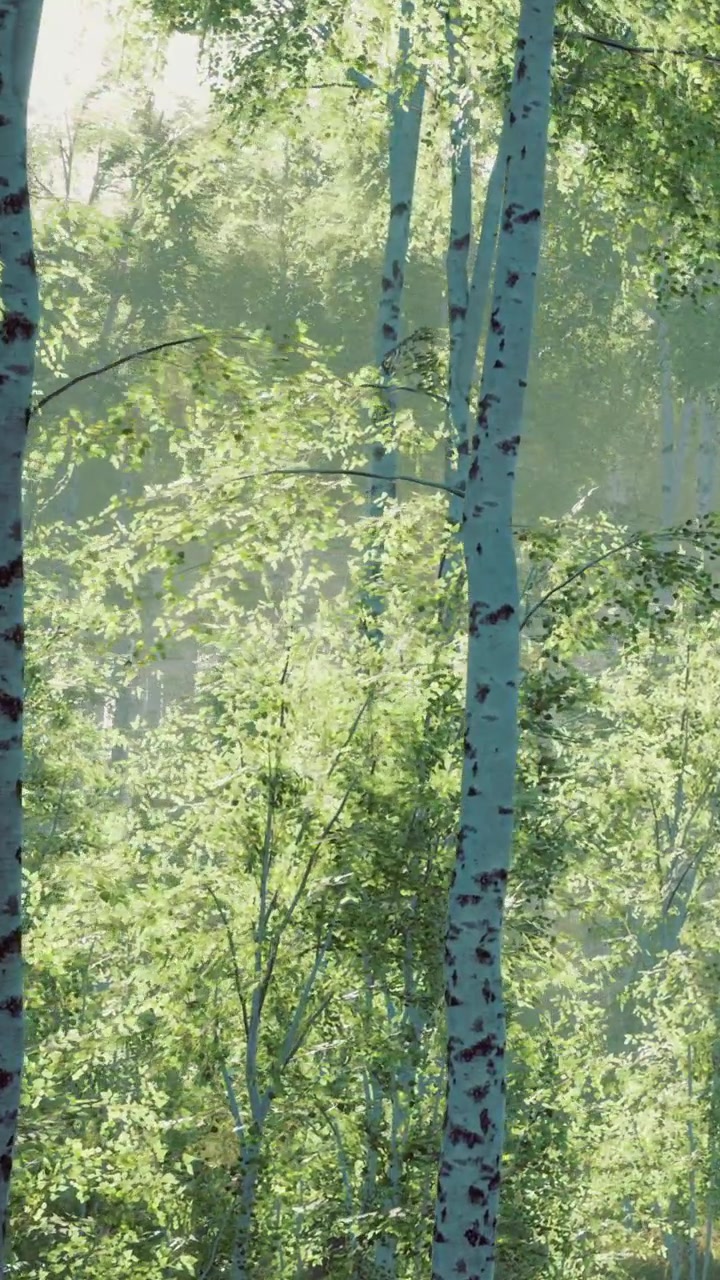 Scène de forêt avec de grands arbres et la lumière du soleil filtrant à travers les feuilles.