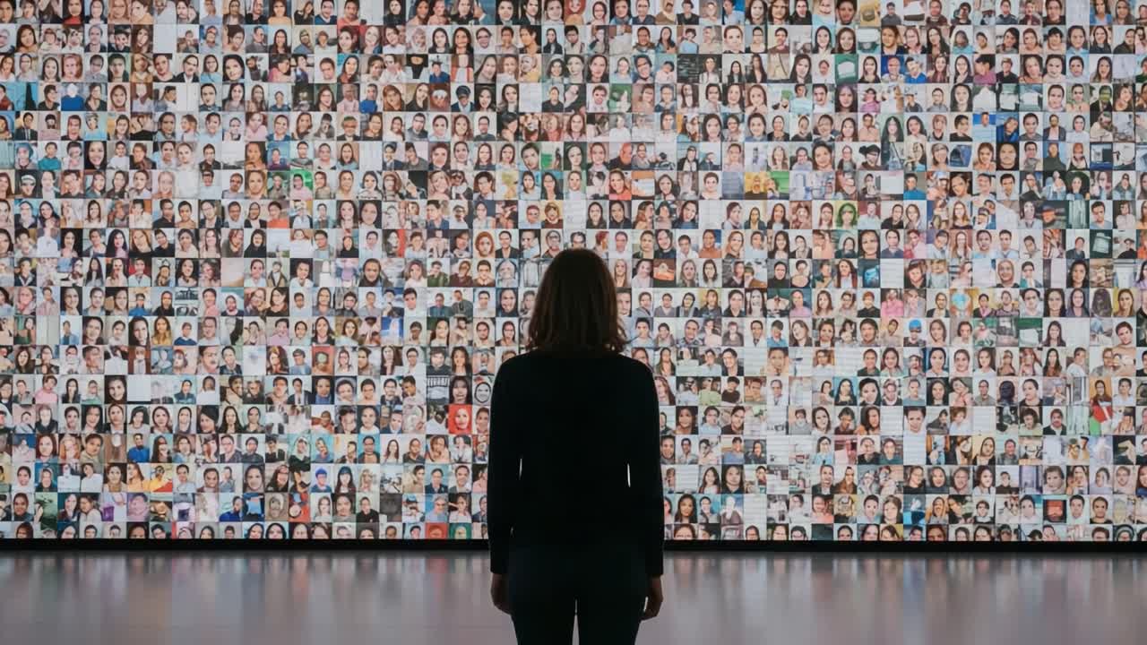A contemplative figure stands before a massive wall displaying countless photographs of diverse faces, illustrating the tapestry of human experience and identity.