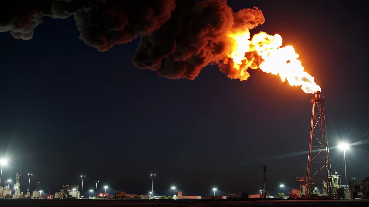 석유 굴착장에서의 가스 발화의 밤 촬영