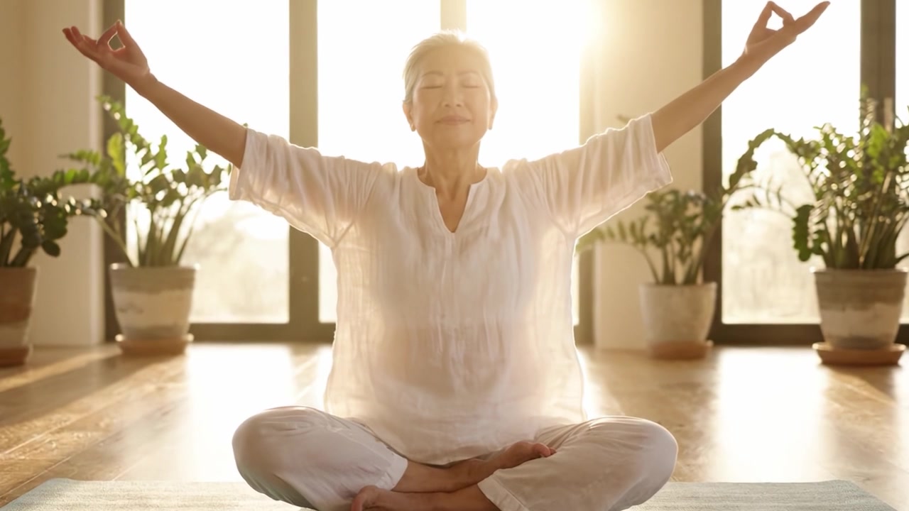 Un anziano sereno che pratica la meditazione in luce naturale, circondato da piante da interno, promuovendo consapevolezza e serenità per un maggiore benessere e calma interiore