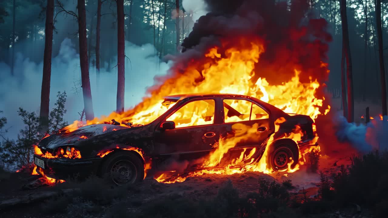 un coche está envuelto por llamas en un bosque
