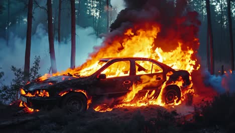 a car is engulfed by flames in a forest