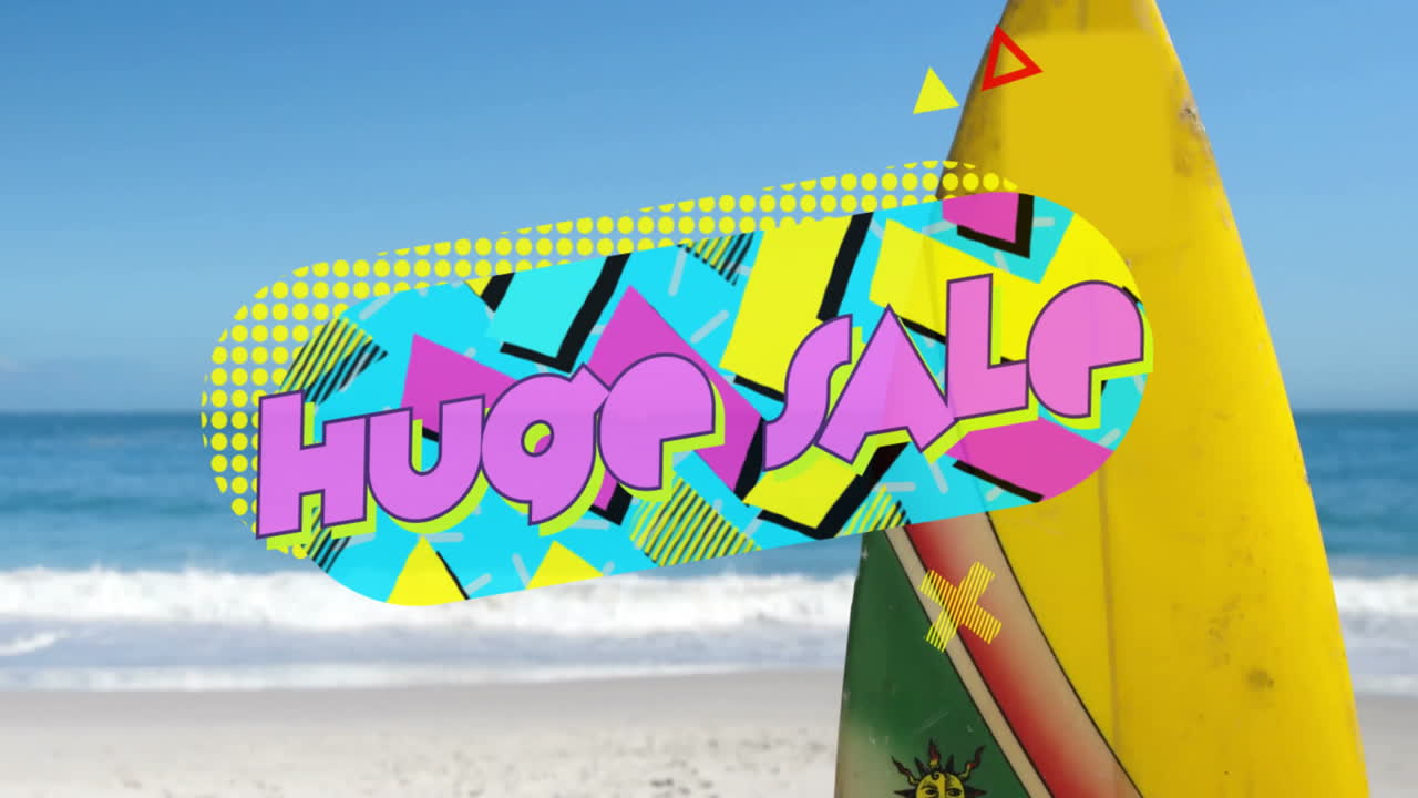 Colorful Huge Sale text animation over surfboards on sandy beach background