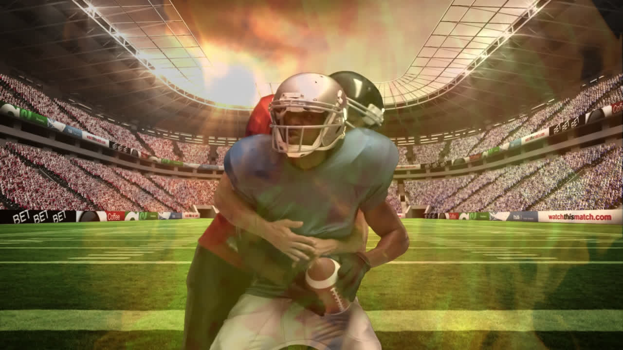 Composizione digitale di giocatori di football americano in placcaggio nello stadio