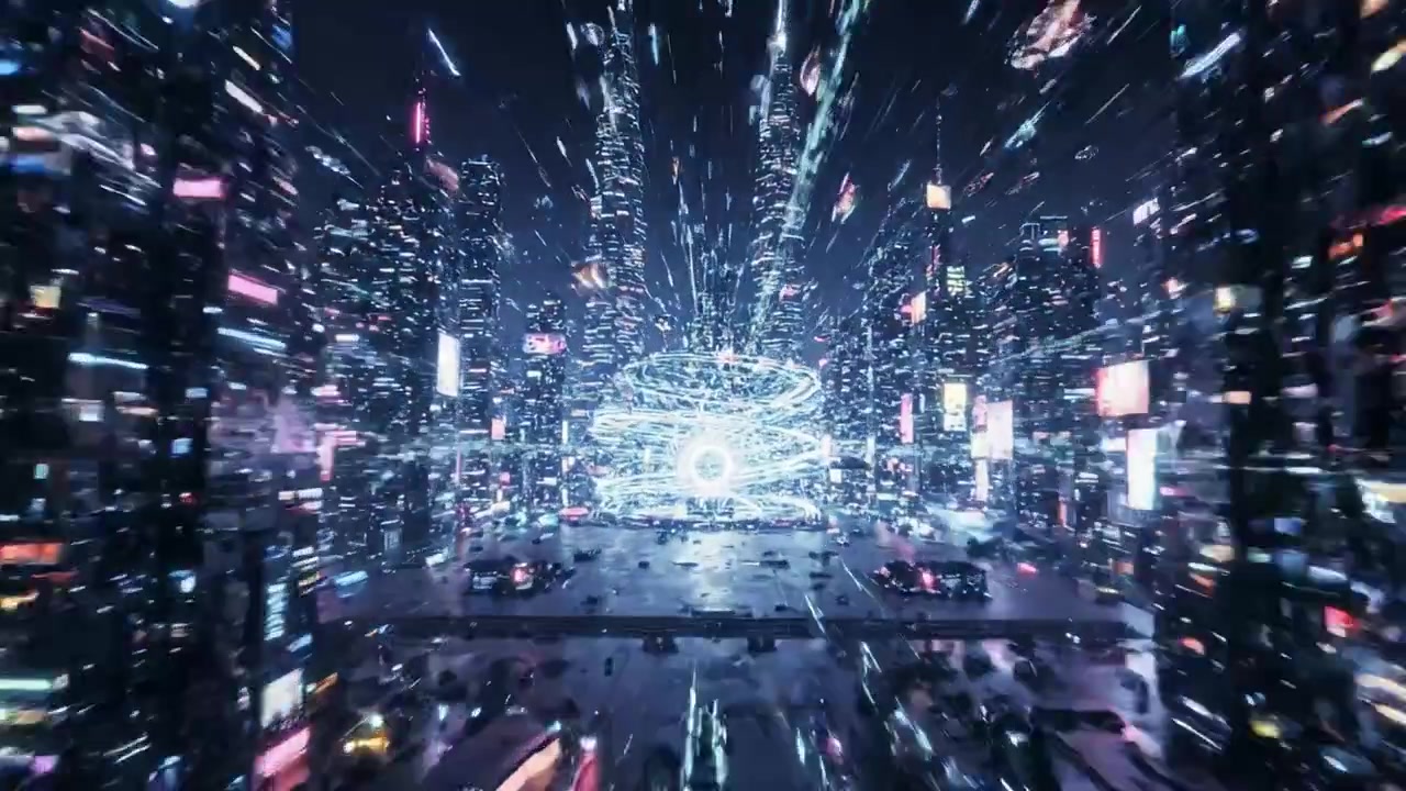 A Futuristic Cityscape: Exploring the Vibrant Energy and Dynamic Motion of a Digital Metropolis in an Intergalactic Journey through Technology