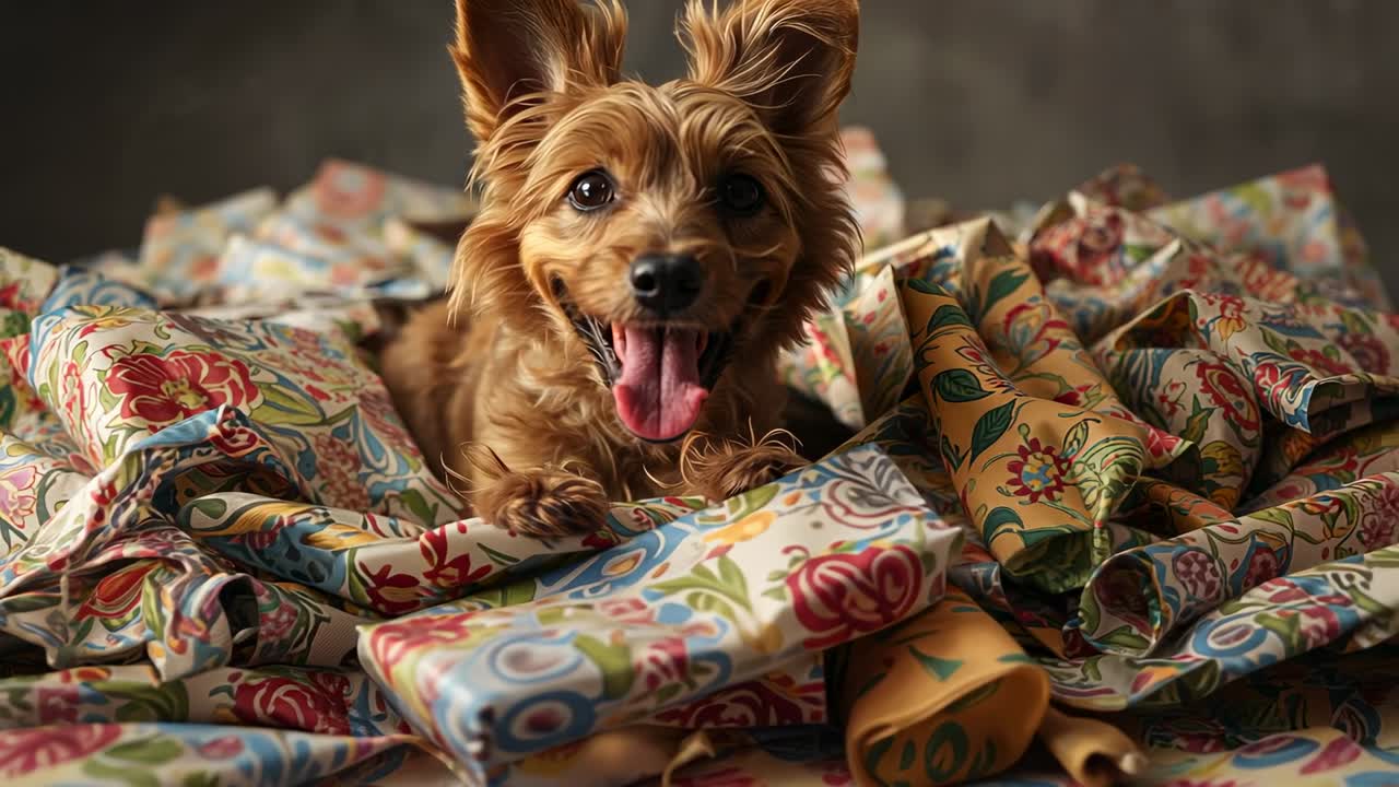 Recording causing brown terrier pup panting, tilting head at studio with floral-patterned tubes