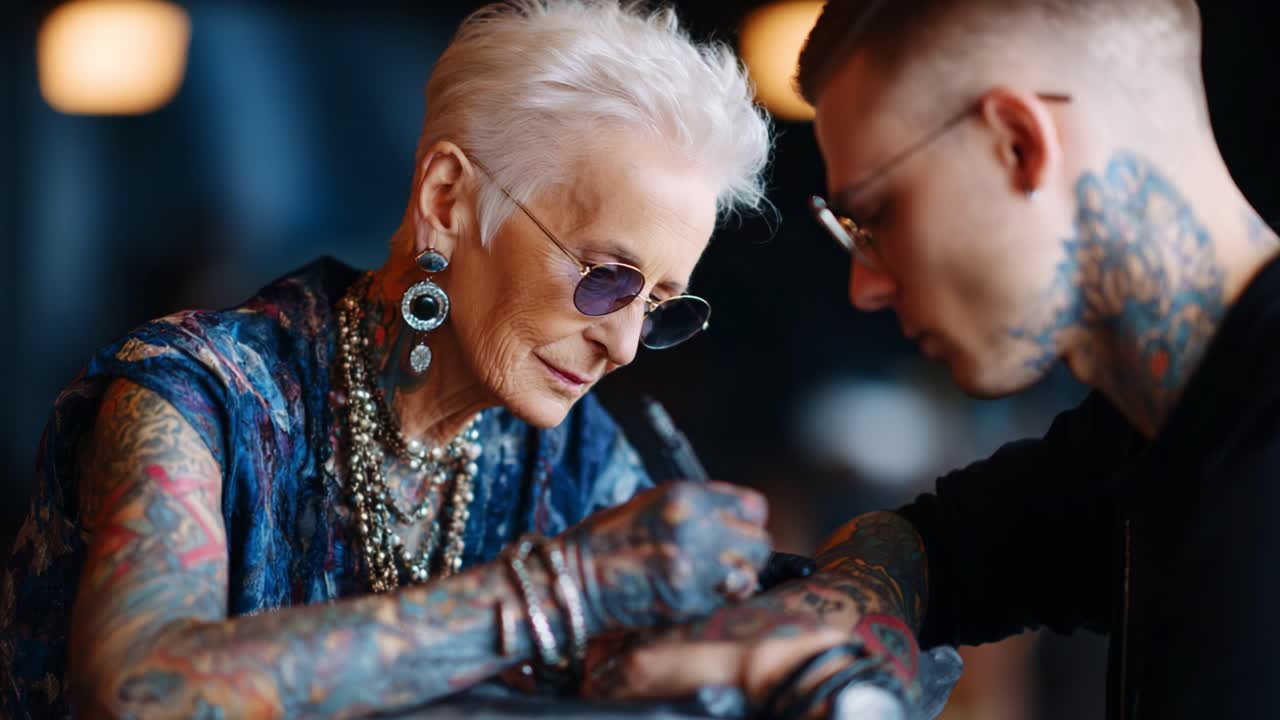 An Artistic Exchange: A Skilled Tattoo Artist Engages in the Creative Process with a Young Client, Showcasing Intricate Body Art and a Unique Connection Between Generations