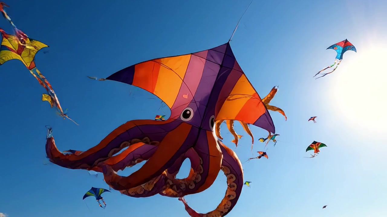 Et fengslende skue av fargerike drager som svever mot en klar blå himmel, med livlige blekksprutformer og ulike design som danser i brisen