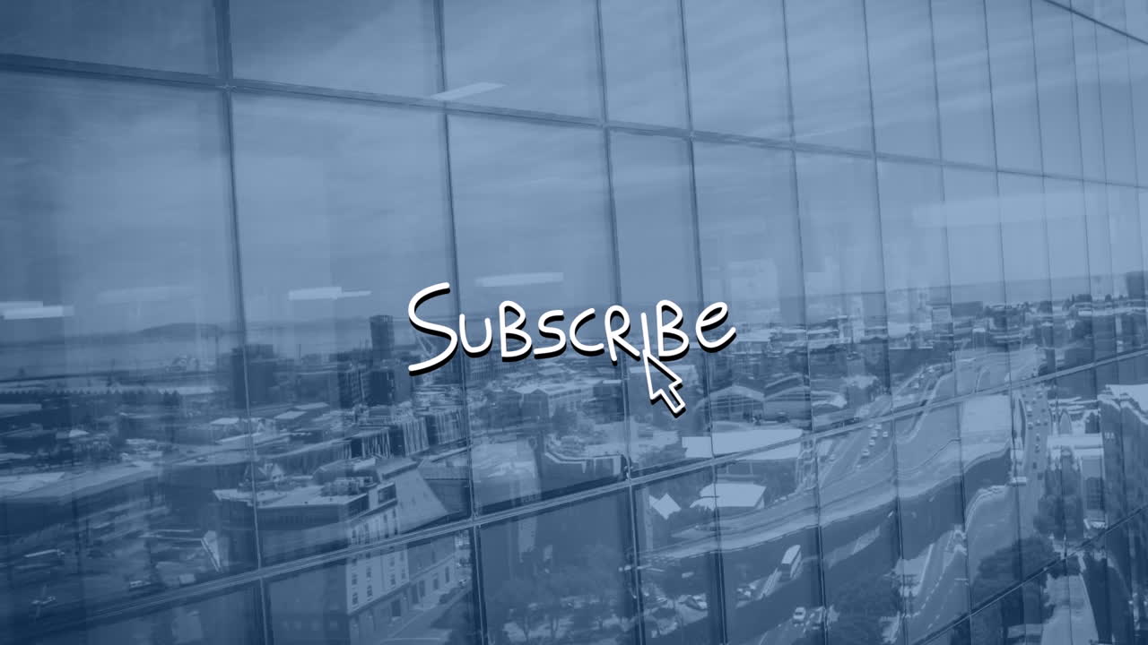 animación del texto de suscripción con el cursor sobre el edificio y el paisaje urbano