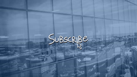 animación del texto de suscripción con el cursor sobre el edificio y el paisaje urbano