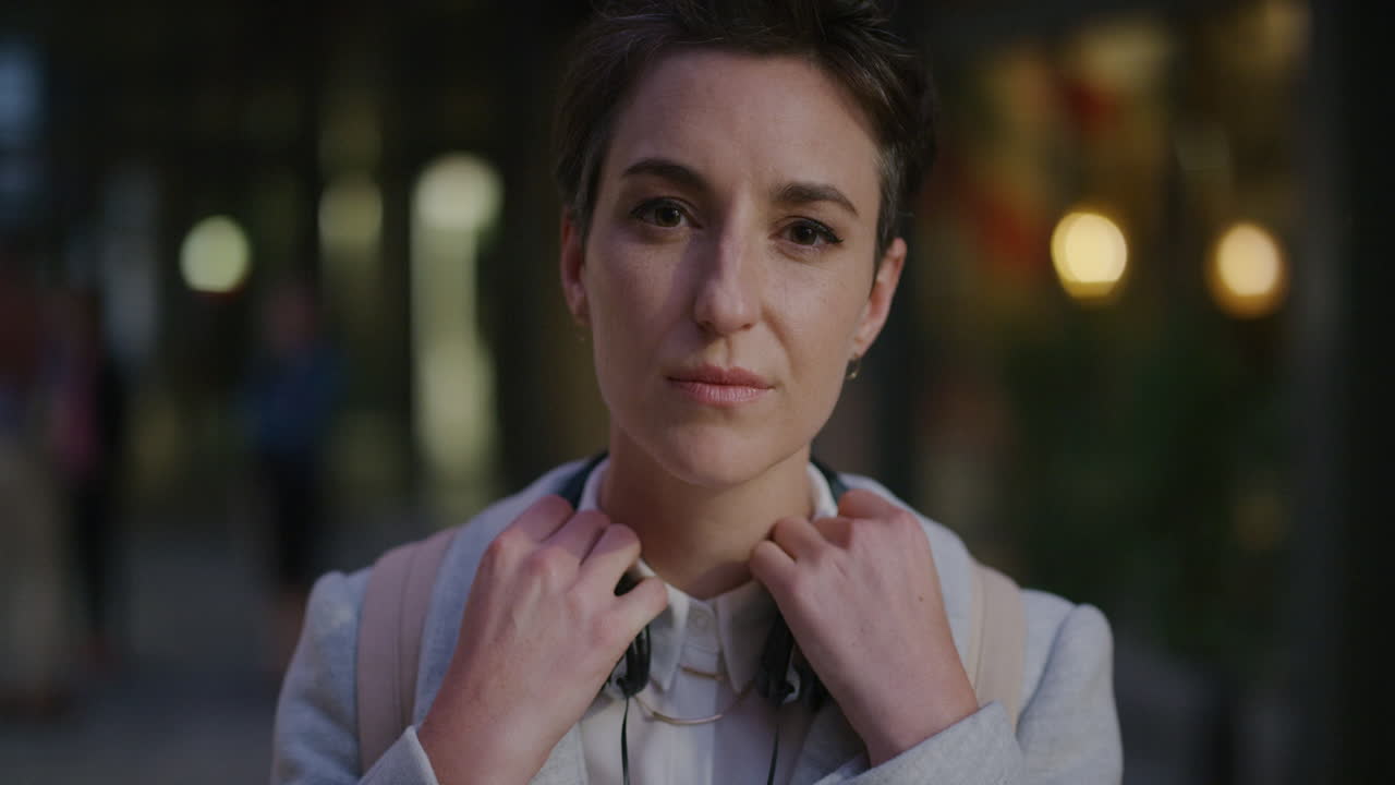 초상화 독립적인 젊은 사업가 여성 저녁 도시에서 자신감을 찾고 전문적인 여성 기업가 통근 느린 동작