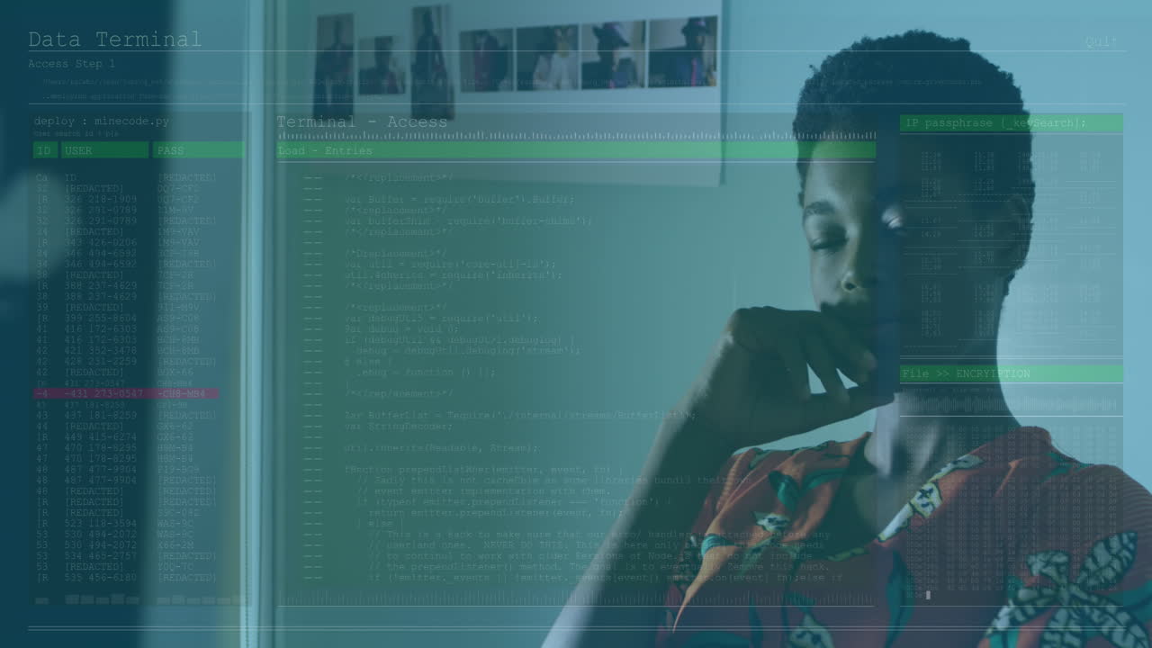 Animação de interface com processamento de dados contra mulher afro-americana pensativa no escritório