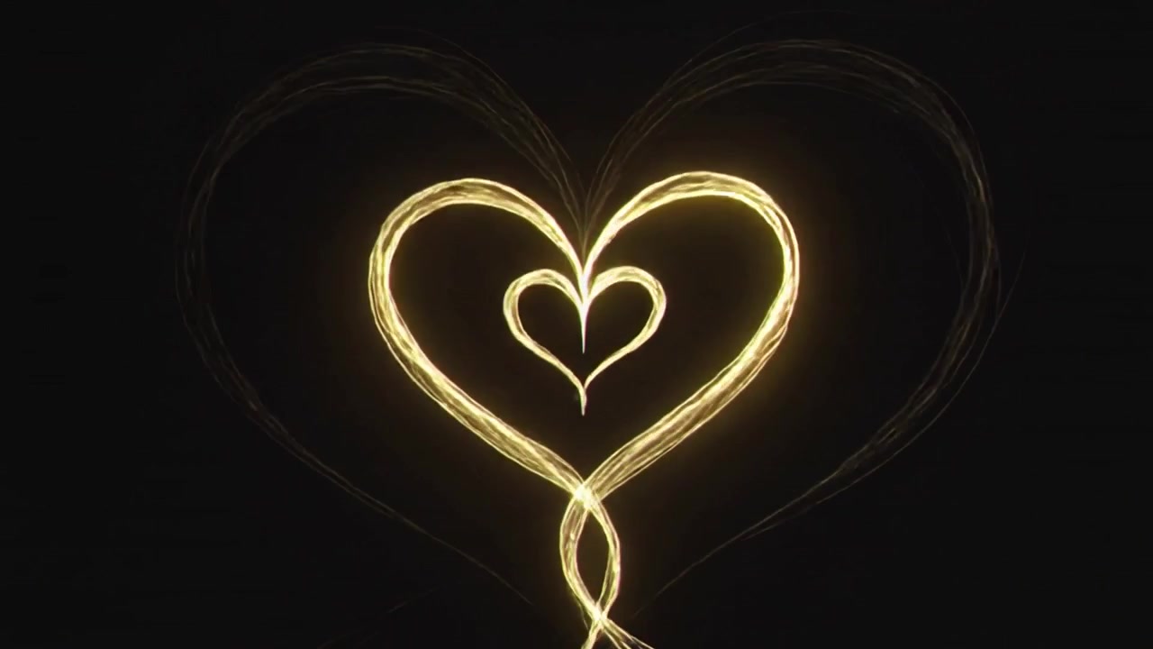 Una scintilla che si accende, una scia dorata che disegna un cuore annidato su uno sfondo nero, motivo animato, anello annodato.