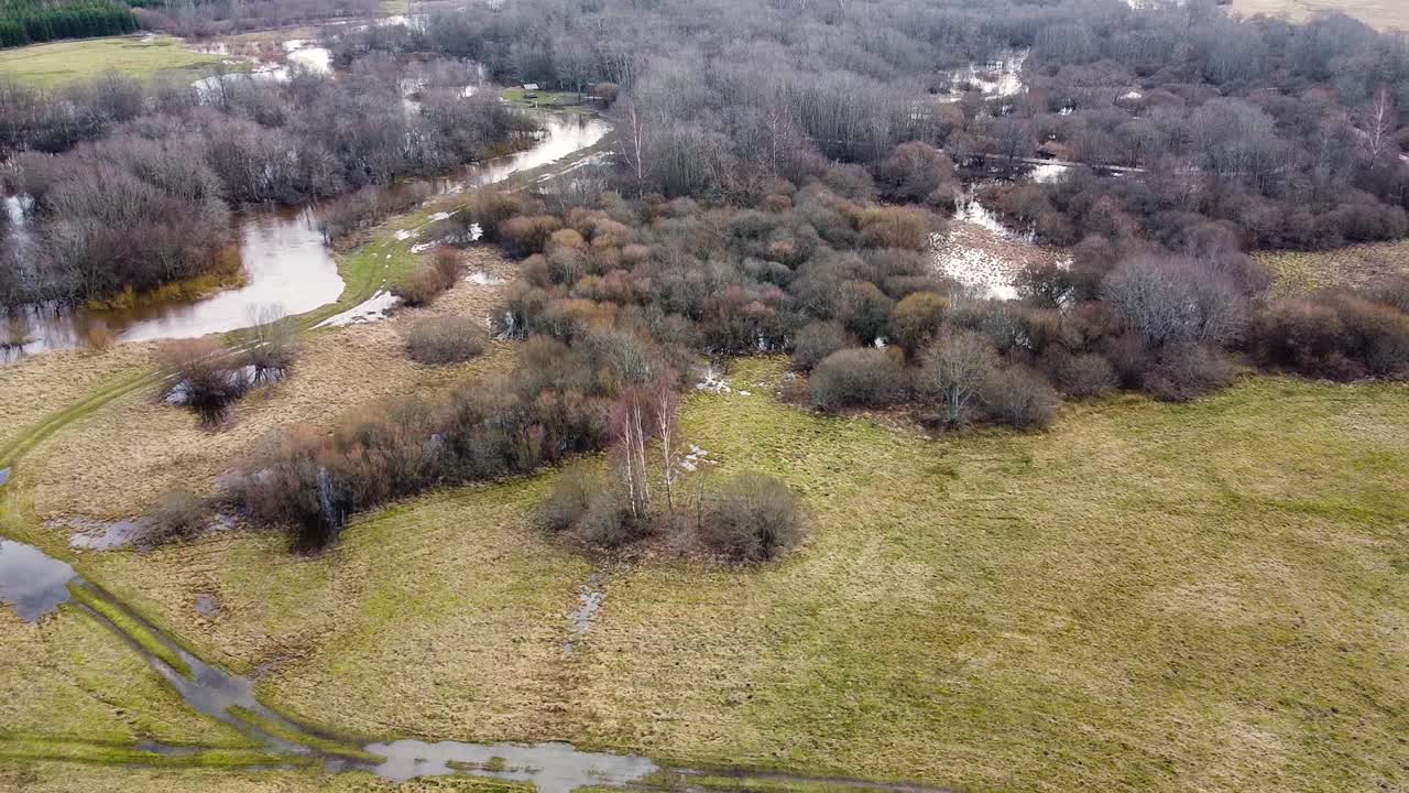 Aerial view of scenic landscape of vast flooded Sventaja river and coast line bushes in overcast spring day, wide angle drone shot moving backward