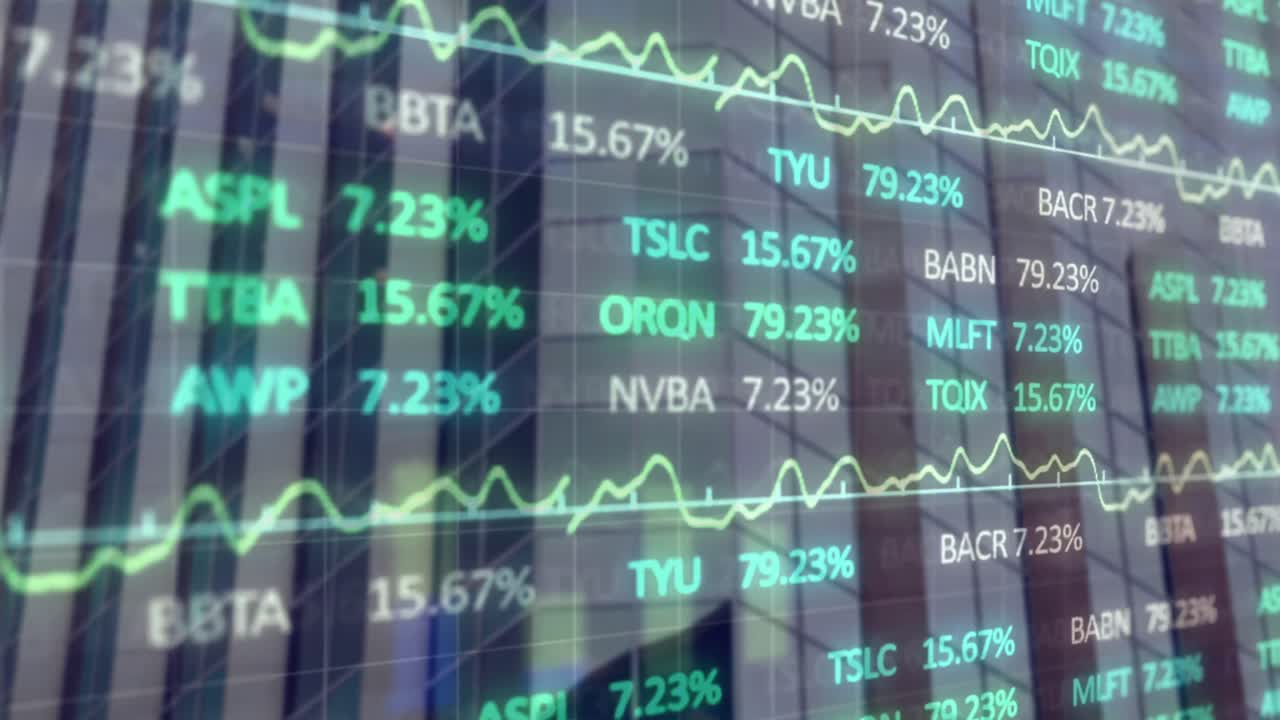 Animazione di elaborazione dati statistici e di mercato azionario su grattacielo