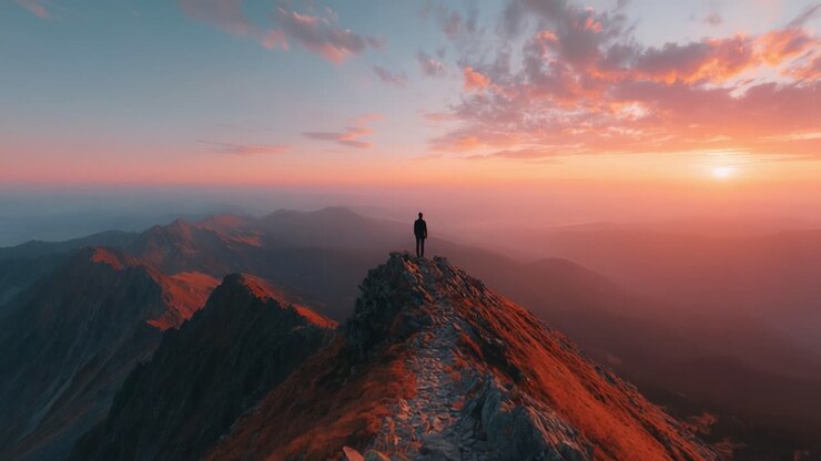 Serene Mountain Summit at Dusk: A Sole Figure Overlooking Expansive Valleys, Capturing the Essence of Nature's Tranquility and Vivid Sunset Colors
