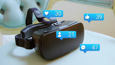 auriculares de realidad virtual con notificaciones de redes sociales y animación sobre ellos