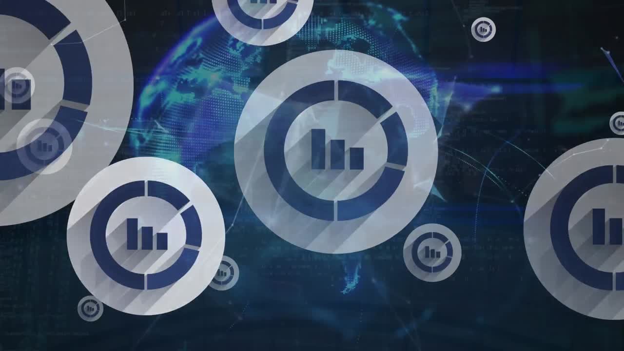 animación de iconos de barras de gráficos flotando sobre el globo de redes de plexo girando contra un fondo azul
