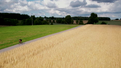 Cyclist-on-a-narrow-road-between-fields