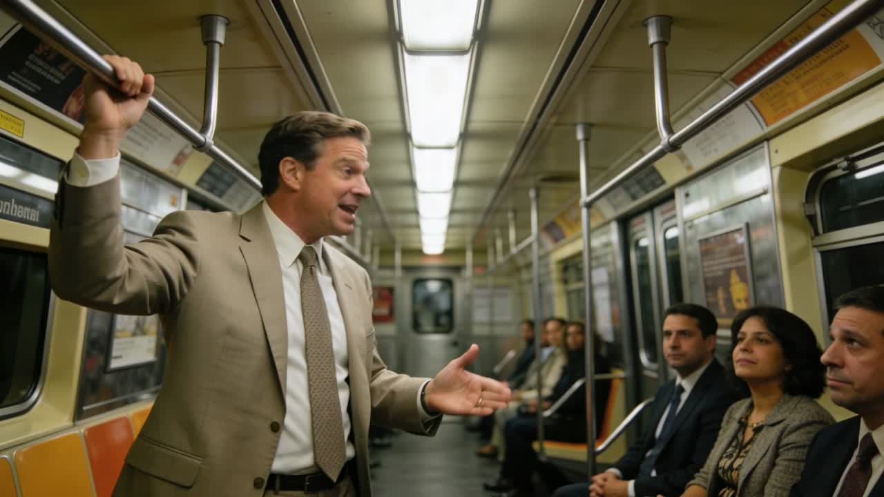 Uomo in abito beige che si rivolge a un altro uomo che tiene un palo, gesticolando e sottolineando punti in una carrozza della metropolitana, con spazio per il testo.