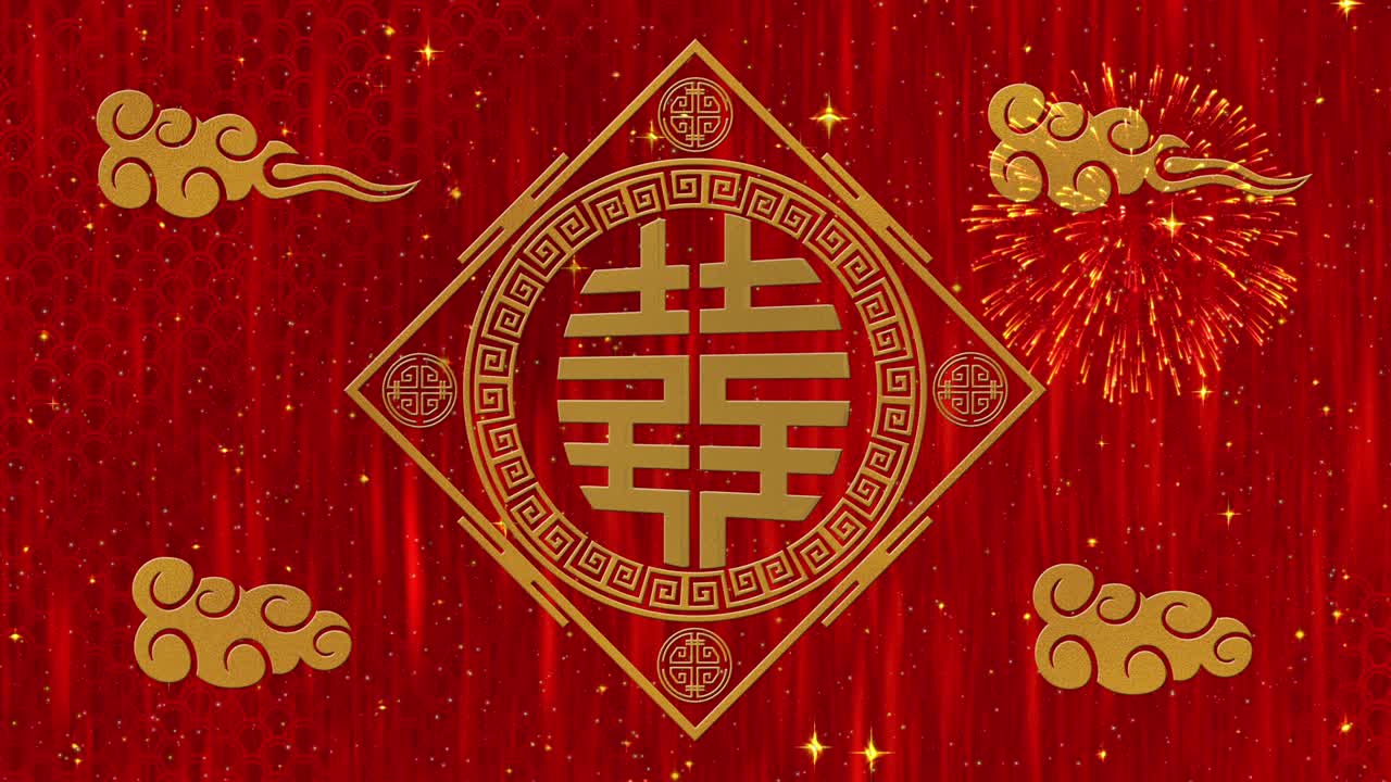 año nuevo lunar, fondo del festival de primavera con doble felicidad, símbolo, nubes, estrellas relucientes. telón de fondo de papel rojo del año nuevo chino para el evento. animación de renderización 3d. bucle sin costuras 4k video