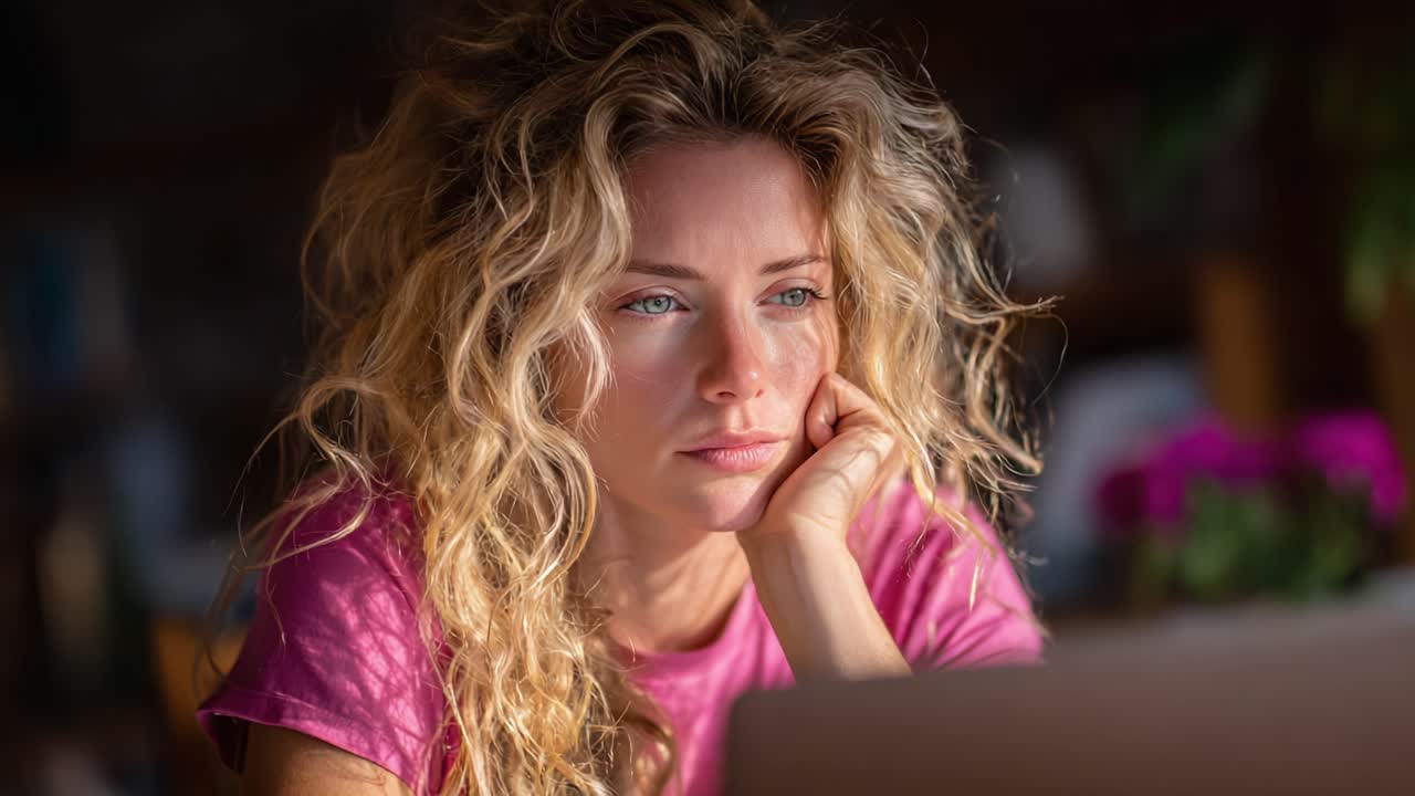 Una donna riflessiva con i capelli ricci guarda pensierosa il suo laptop, persa nei suoi pensieri mentre è circondata da un ambiente interno accogliente e da una luce soffusa