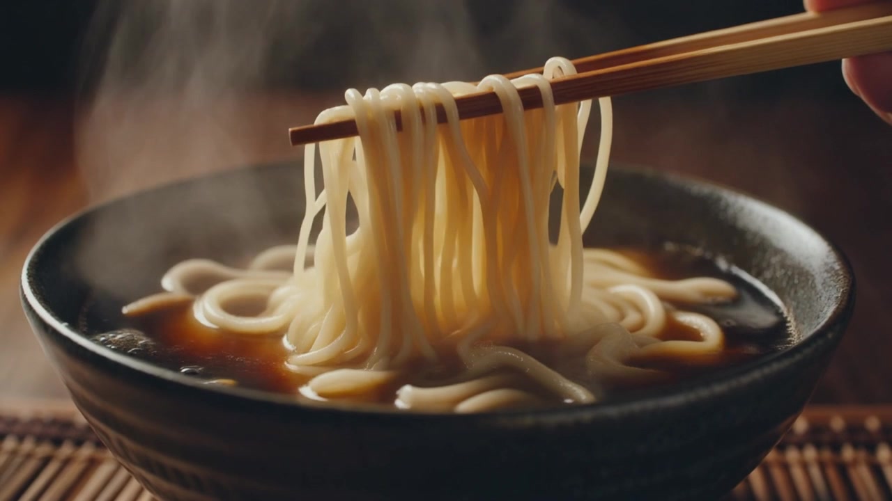 Ciotola fumante di noodles Udon caldi sollevati con le bacchette