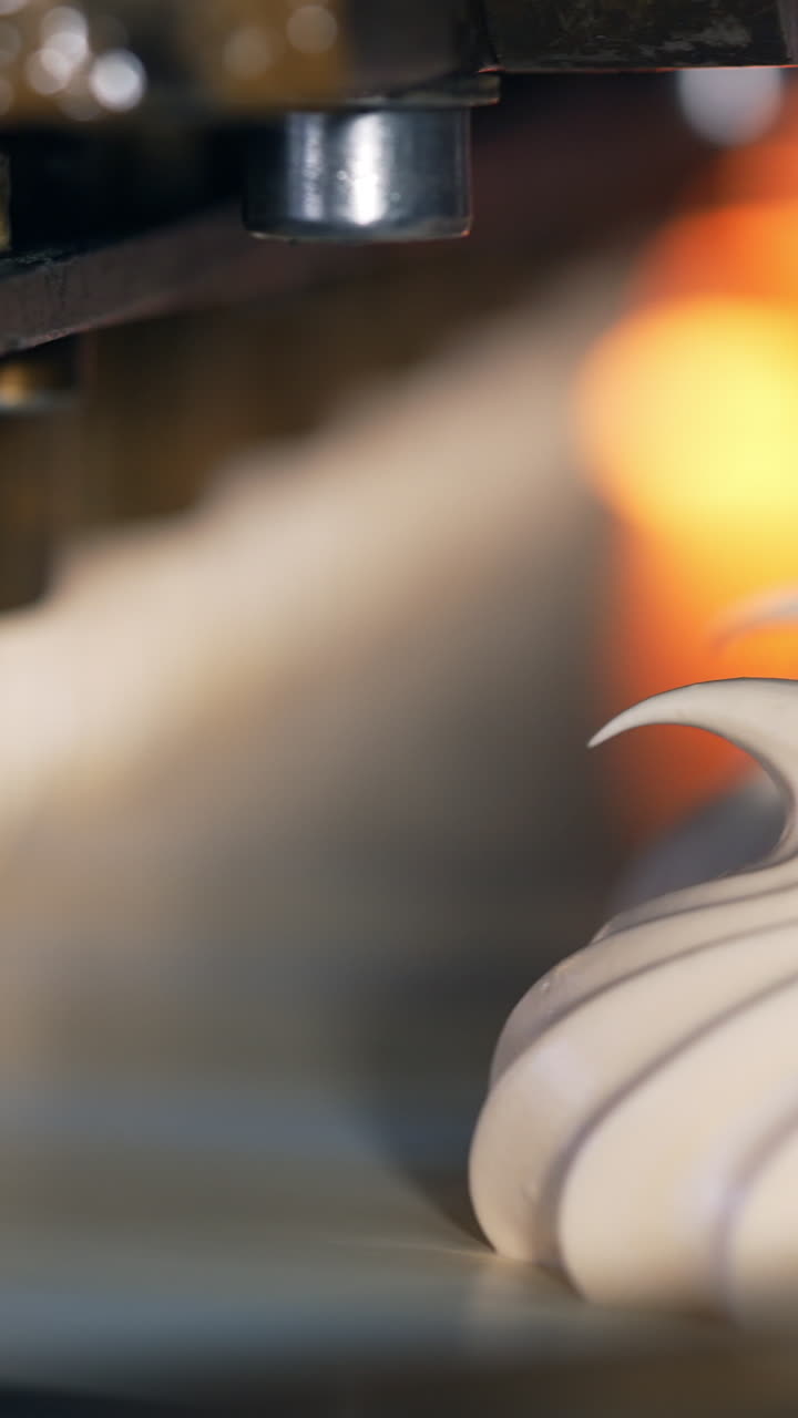 Whipped white vanilla cream comes out off a metal nozzle. Freshly squeezed marshmallows on the conveyor belt. Close up. Vertical video