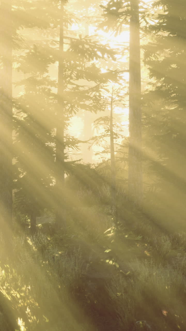 Mysterious forest illuminated by golden sunlight during serene morning hours