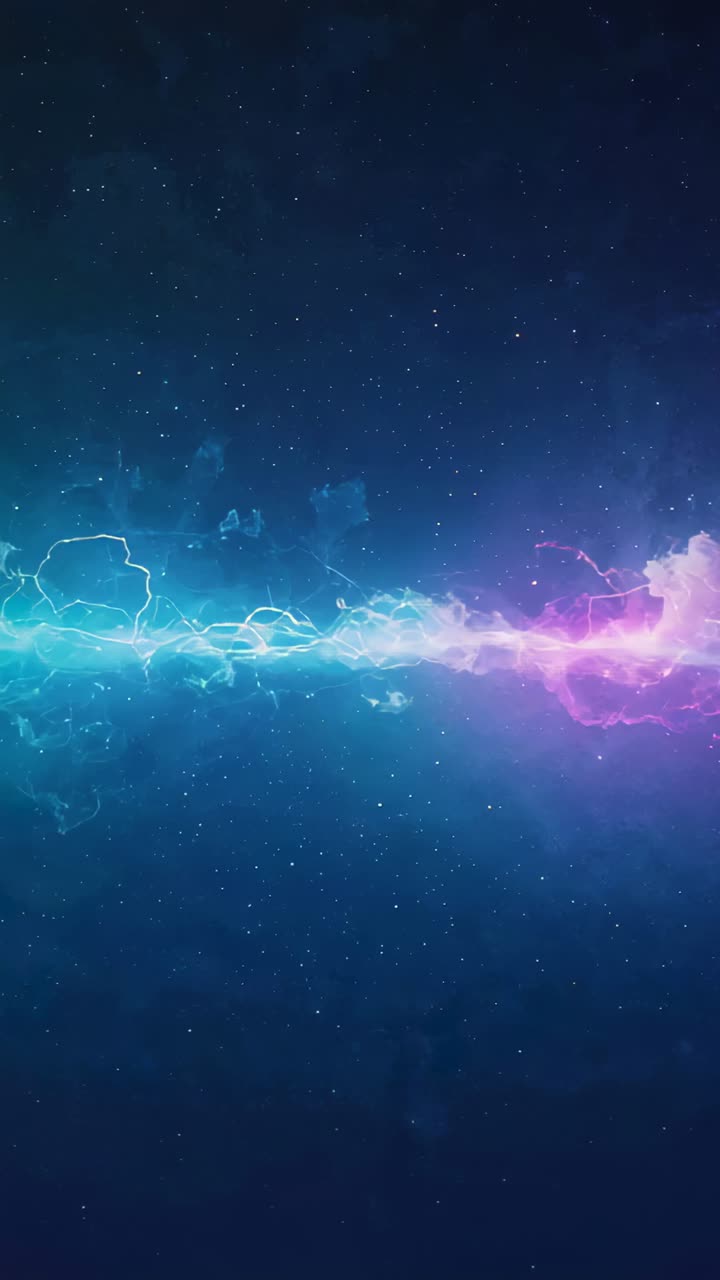 Vertical video: Pulsing cyan-magenta ribbon rippling after pulse start in starfield, with filaments