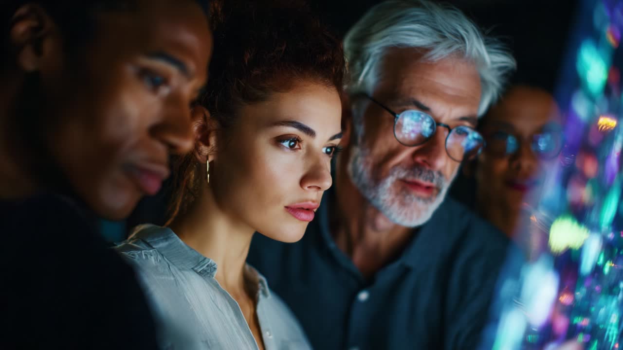 A Diverse Group of Individuals Engaged in Deep Observation, Focused on a Vibrant Display of Light and Colorful Visuals, Capturing the Essence of Curiosity and Collaboration in a Darkened Setting
