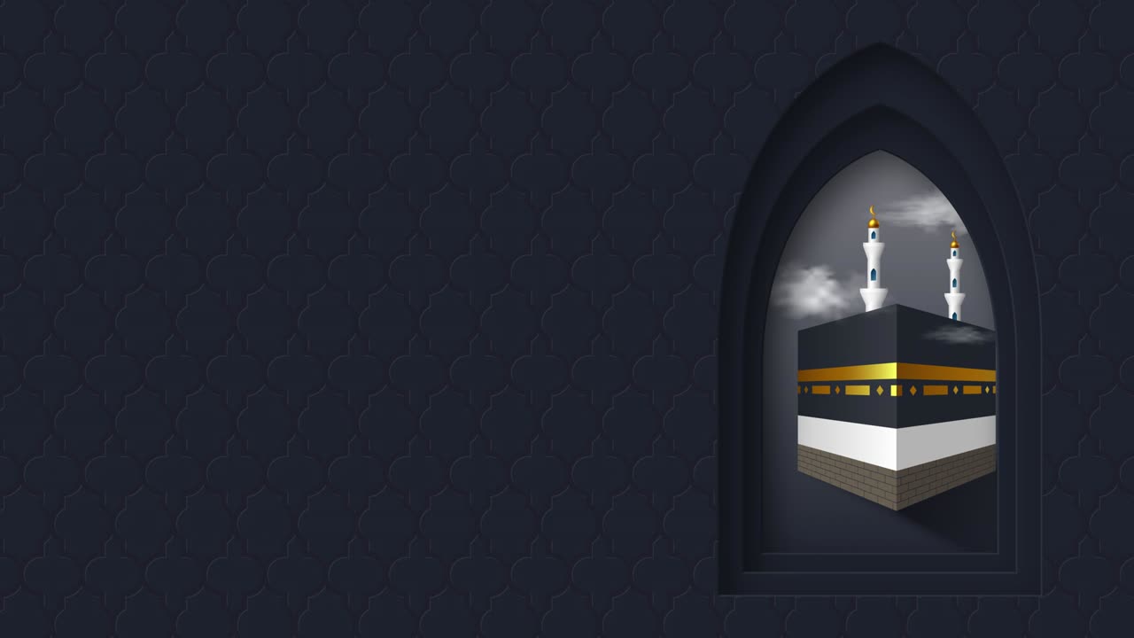 Sacra Kaaba nella finestra araba con nuvole in movimento.