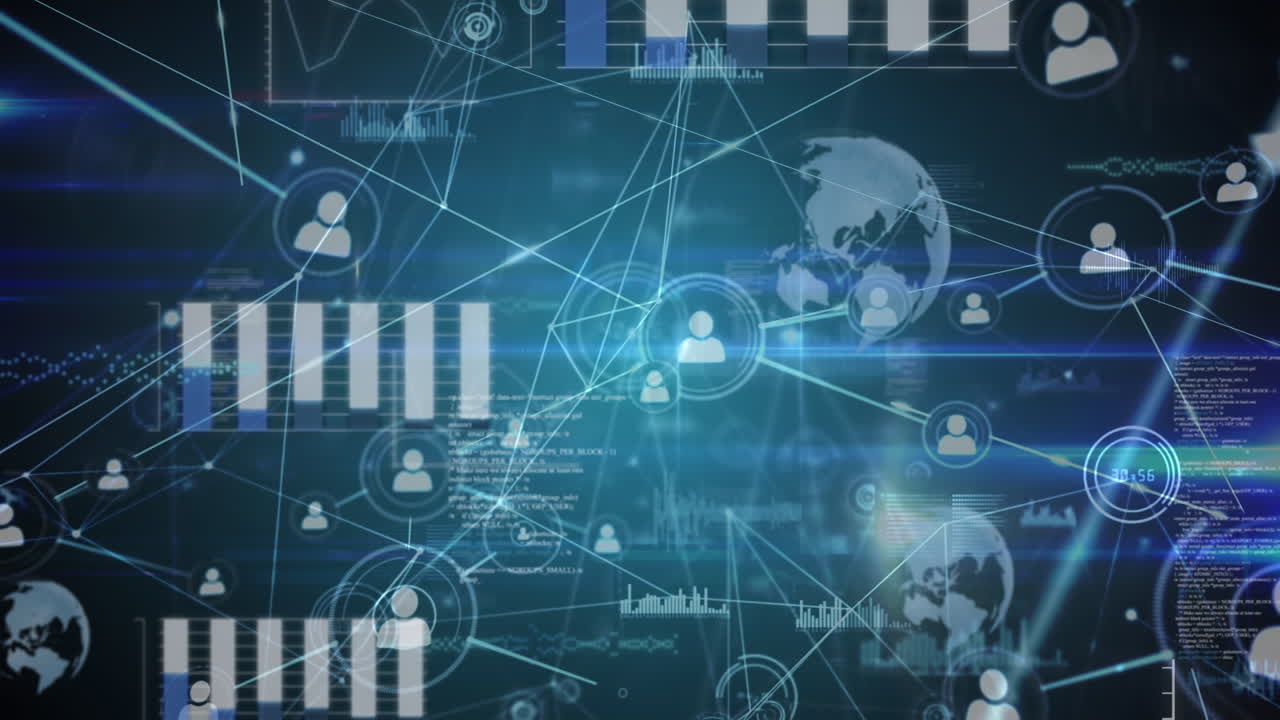 Network of profile icons and and data processing against light trails on blue background