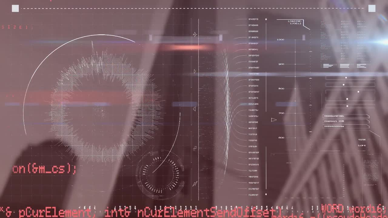 animación del procesamiento de datos y el escaneo de alcance sobre la cuadrícula y el paisaje urbano en segundo plano