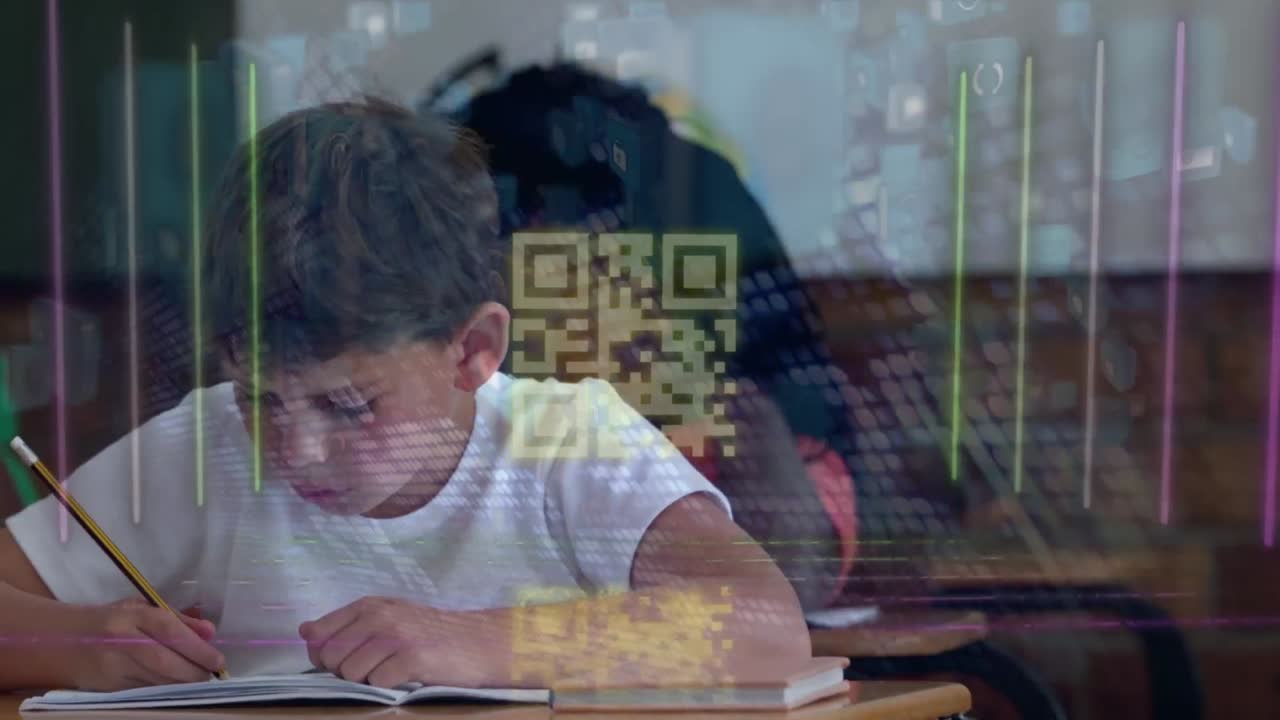 Animation of computer icons, qr code, glowing lines over caucasian boy writing in book