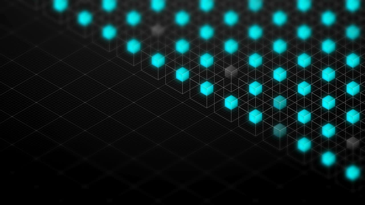 추상 3d 이소메트릭 가상 와이어 프레임 큐브 박스 및 사각형 메쉬 패턴 일러스트레이션, 블록체인 기술 개념 디자인, 검은색 배경, 원활한 루핑 애니메이션