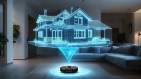 smart home with holographic house plan and robot vacuum