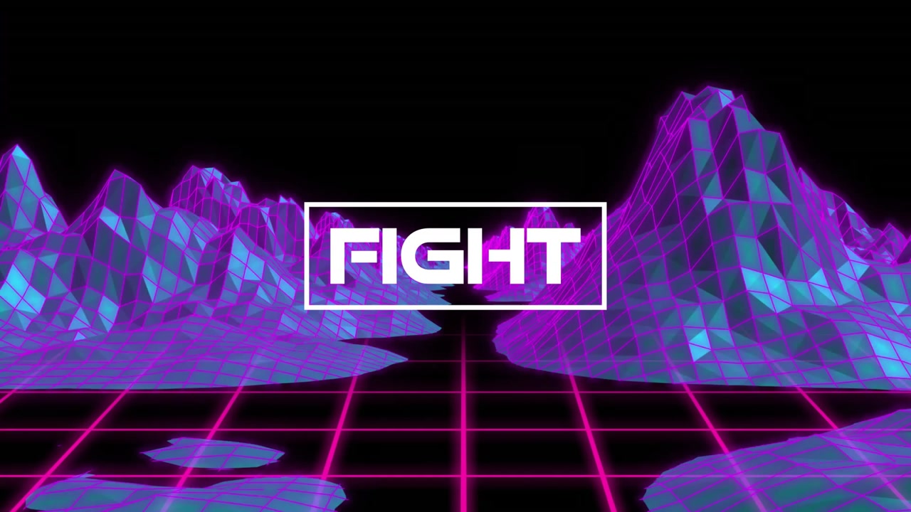 Animation of fight text over mountains on grid pattern against black background
