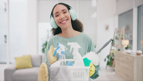 Cleaning,-basket-and-equipment-with-face-of-woman