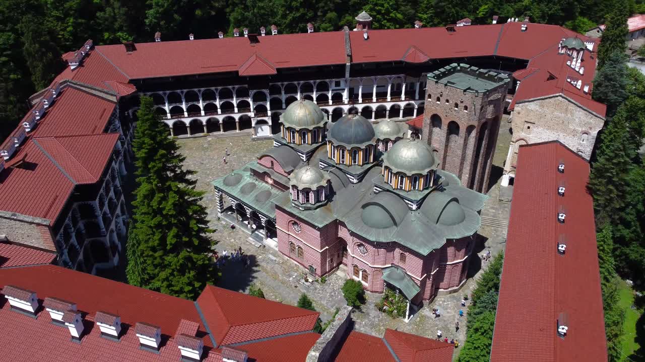 Drone view inside wonderful Rila Monastery on sunny summer's day - Bulgaria